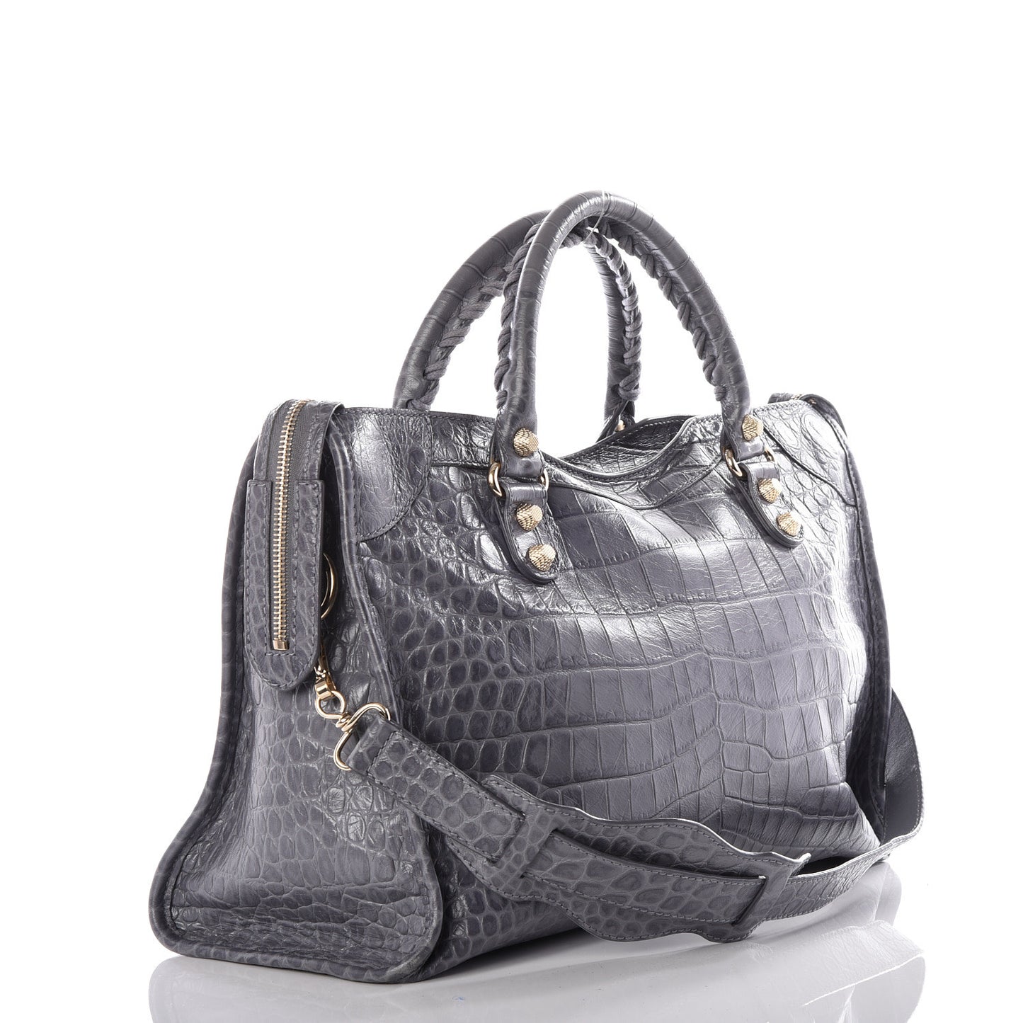Calfskin Crocodile Embossed Giant 12 Gold Hardware City Gris Beton