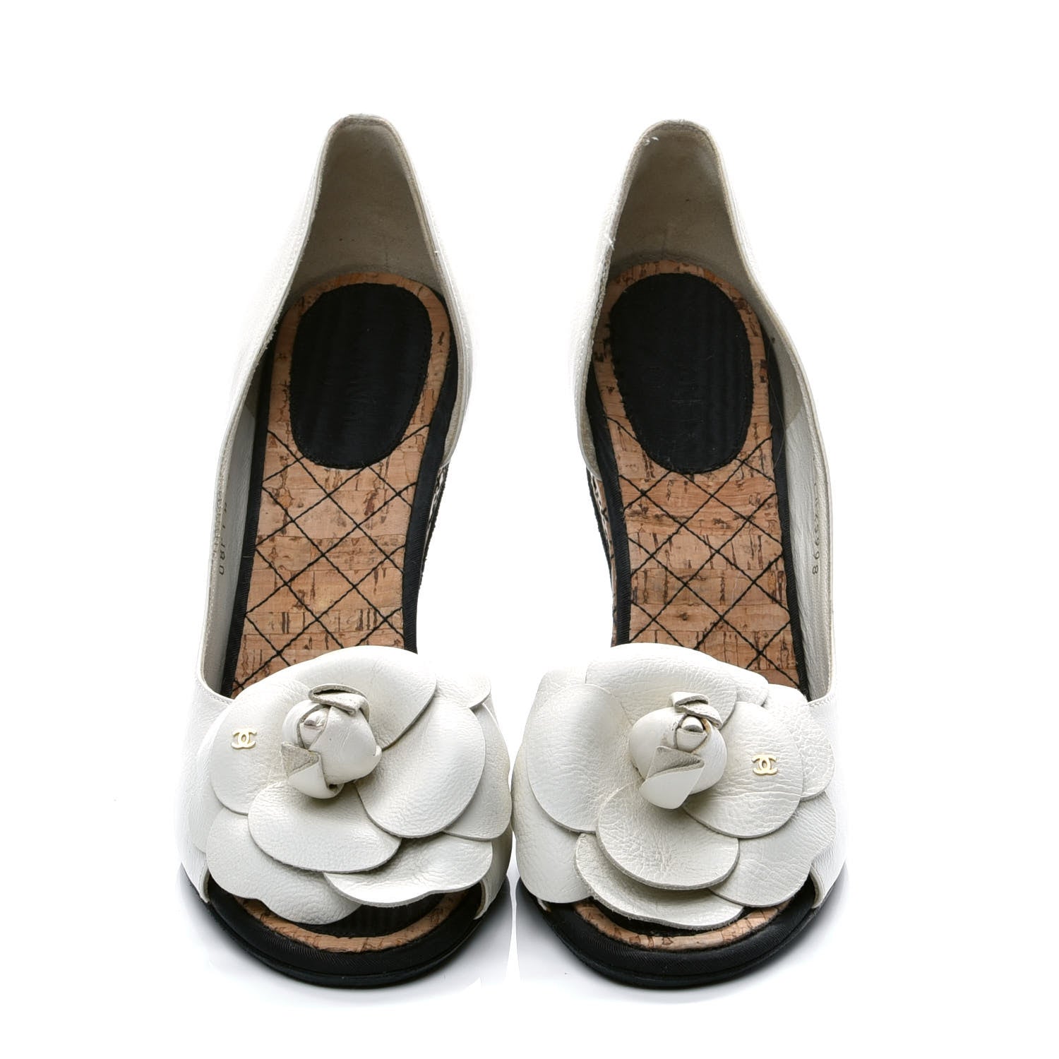 Chanel Lambskin Grosgrain Camellia Wedge Sandals 40 White Black 2 of 9