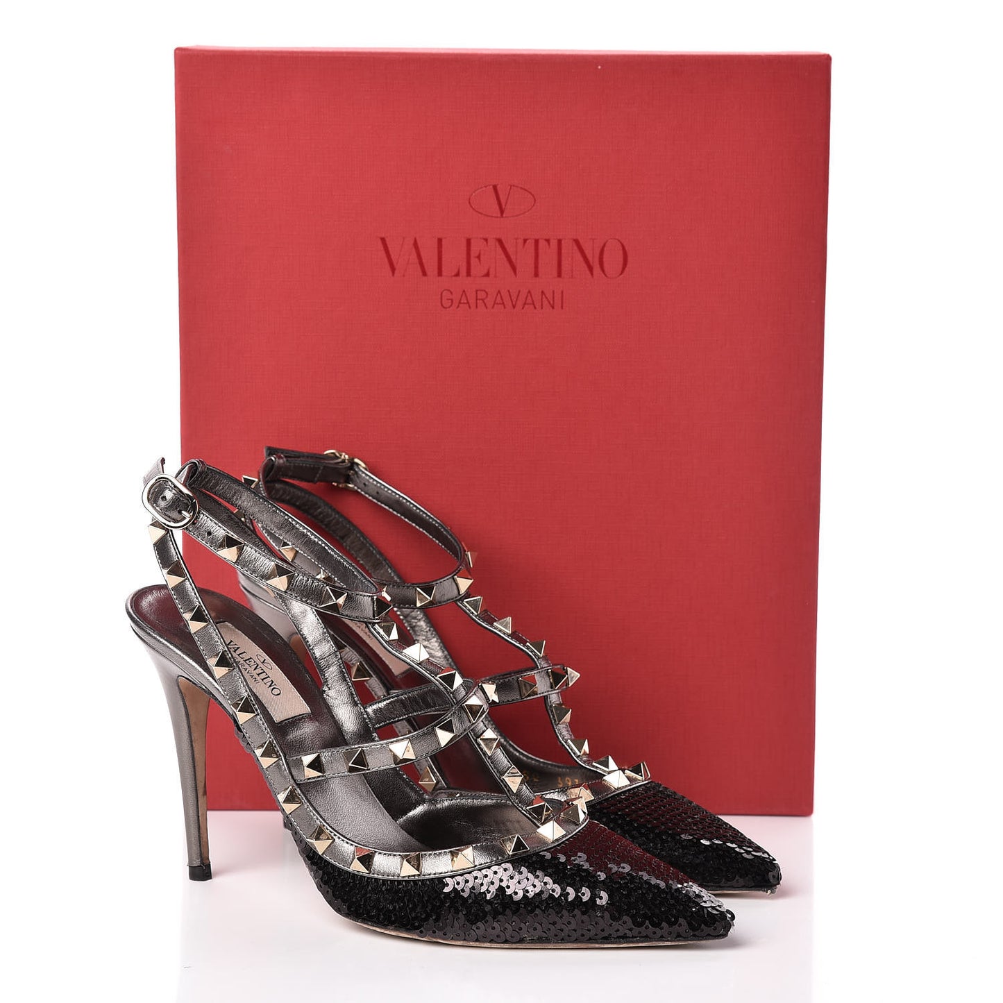 Sequin Metallic Nappa Rockstud Ankle Strap 100mm Pumps 38 Black Rutenio