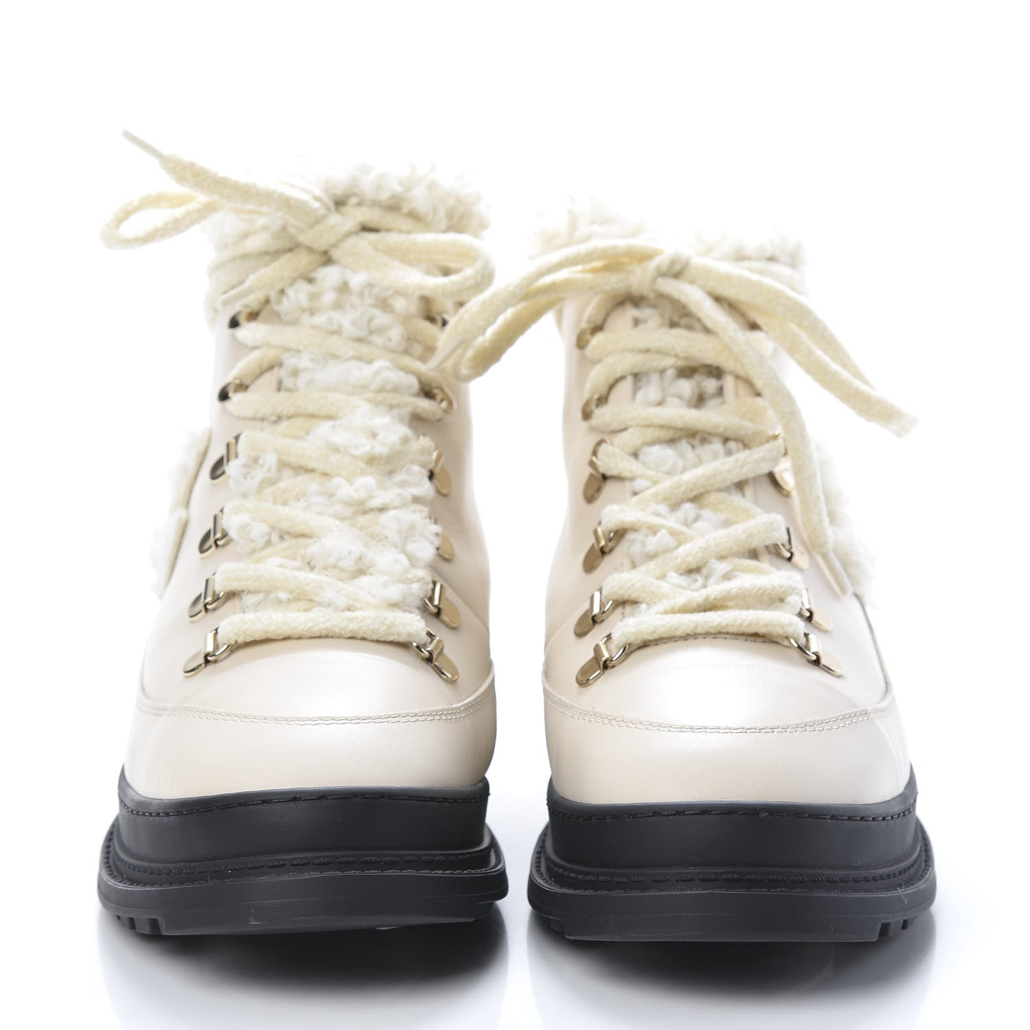Chanel Calfskin Shearling CC Lace Up Boots 38 Light Beige Ivory 2 of 9