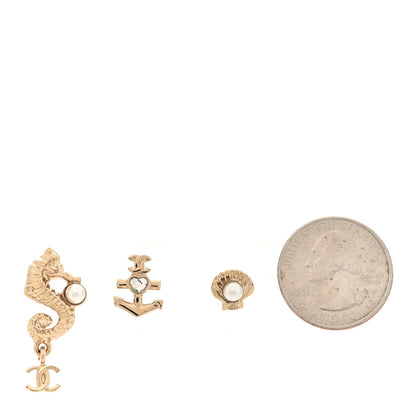Chanel Metal Pearl Anchor Seahorse Shell Earrings Set Gold 2 of 4