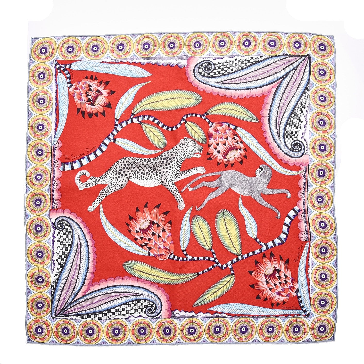 Hermes Silk The Savana Dance Pocket Square Scarf Rouge Gris Violine 1 of 7