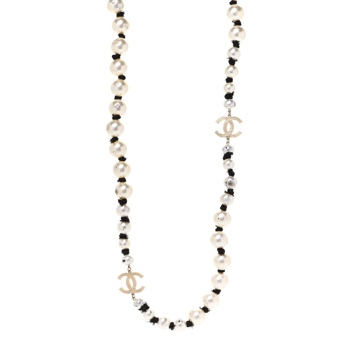 Pearl Grosgrain CC Long Necklace Gold