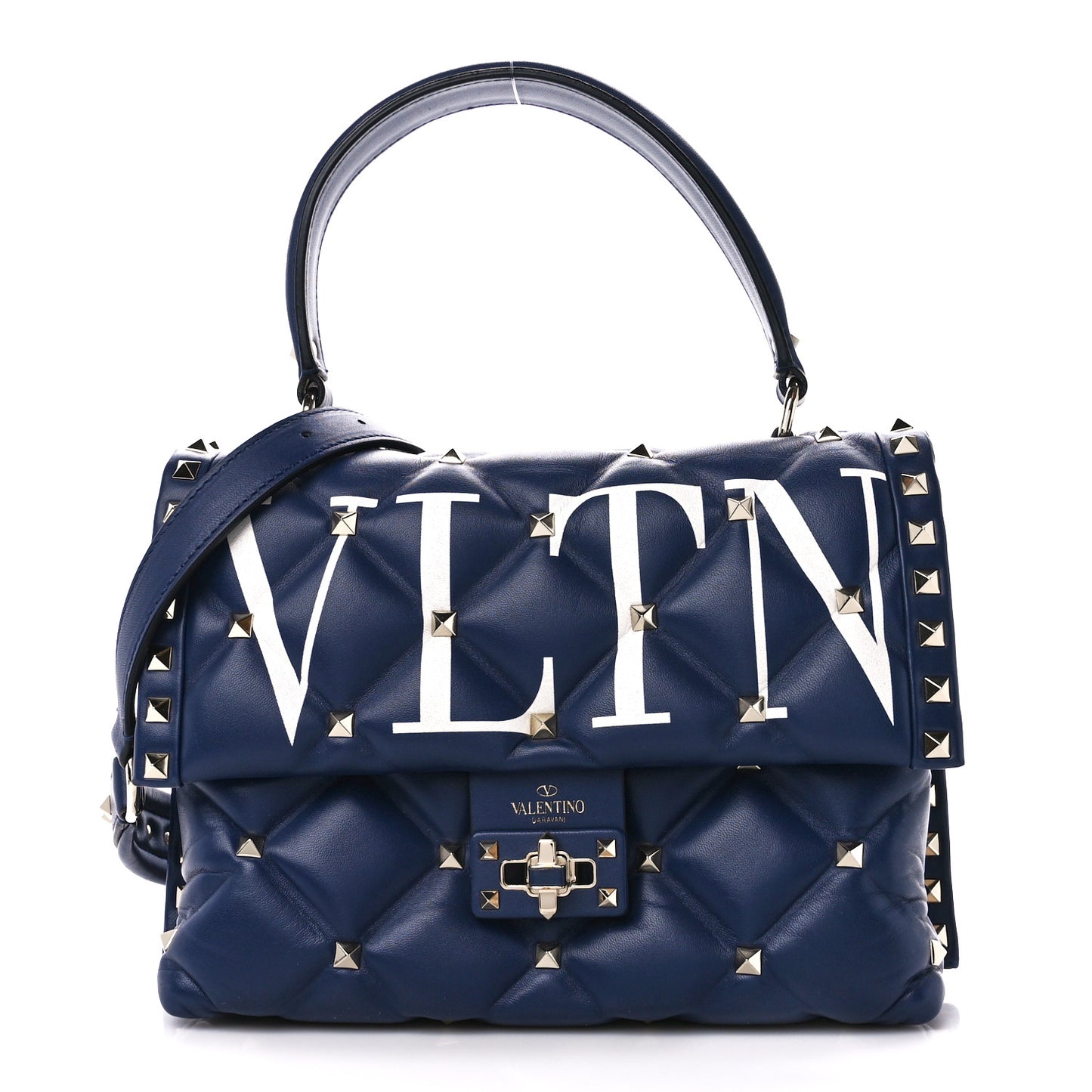 Lambskin VLTN Print Candystud Top Handle Bag Navy