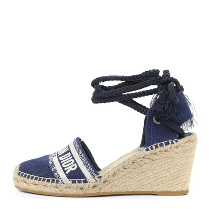 Christian Dior Canvas Embroidered Granville Ankle Tie Espadrille Wedges 40 Indigo Blue 1 of 13