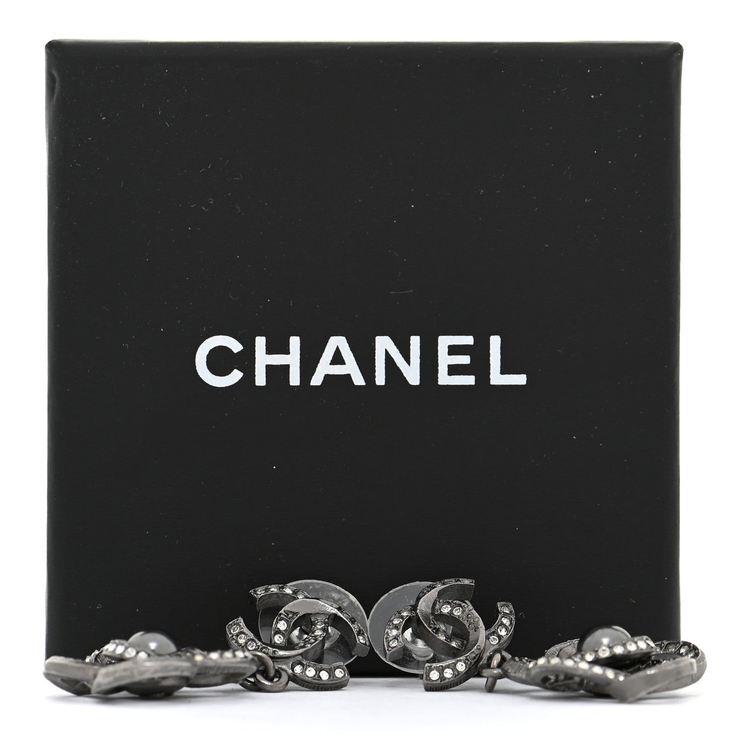 Chanel Crystal Pearl CC Camellia Drop Earrings Silver 5 of 5