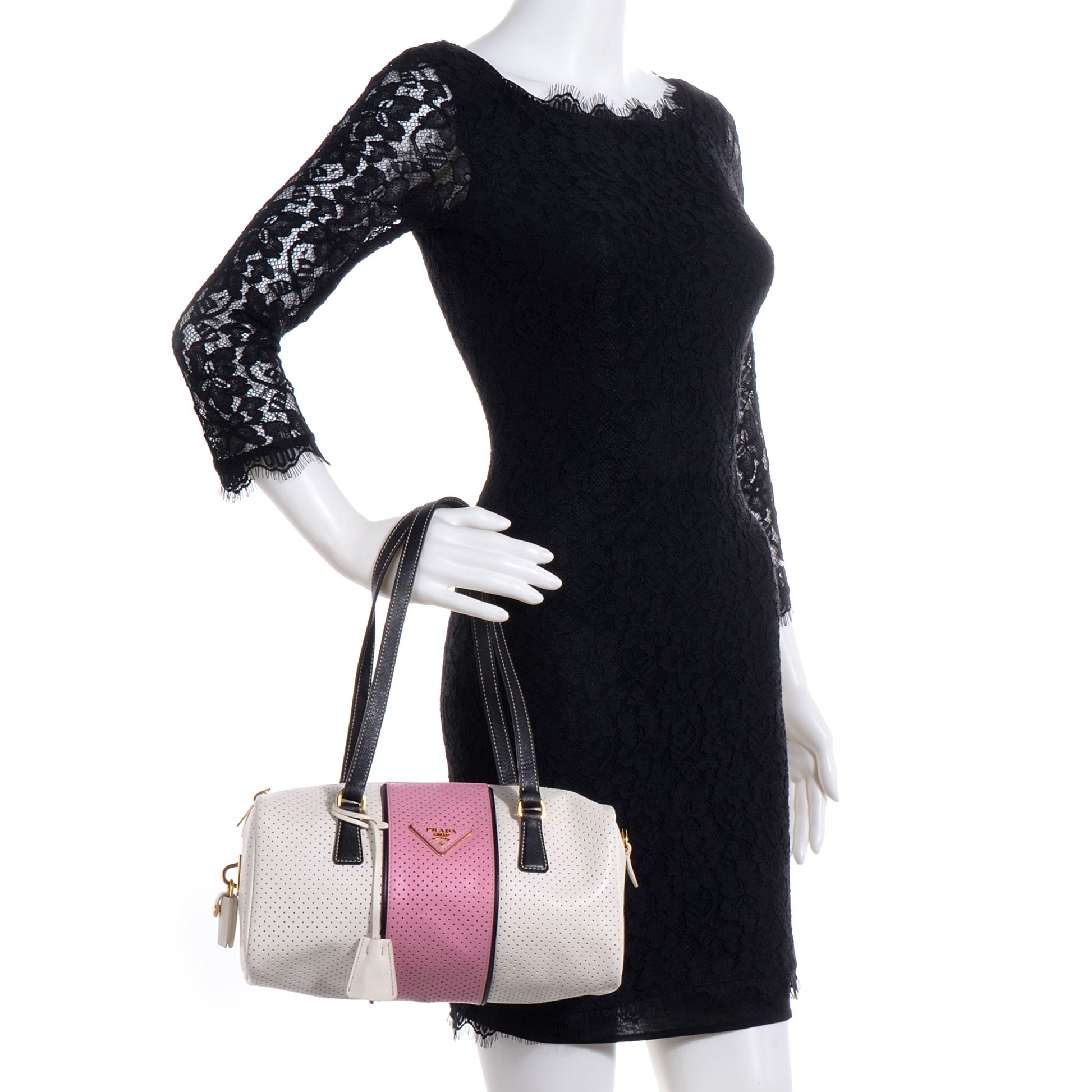 Prada Saffiano Perforated Striped Shoulder Bag White Black 2 of 30