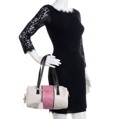 Prada Saffiano Perforated Striped Shoulder Bag White Black 2 of 30