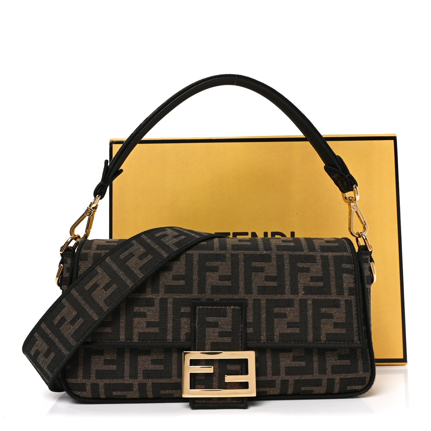 Fendi Fabric Jacquard FF 1974 Medium Baguette Tobacco Moro Black