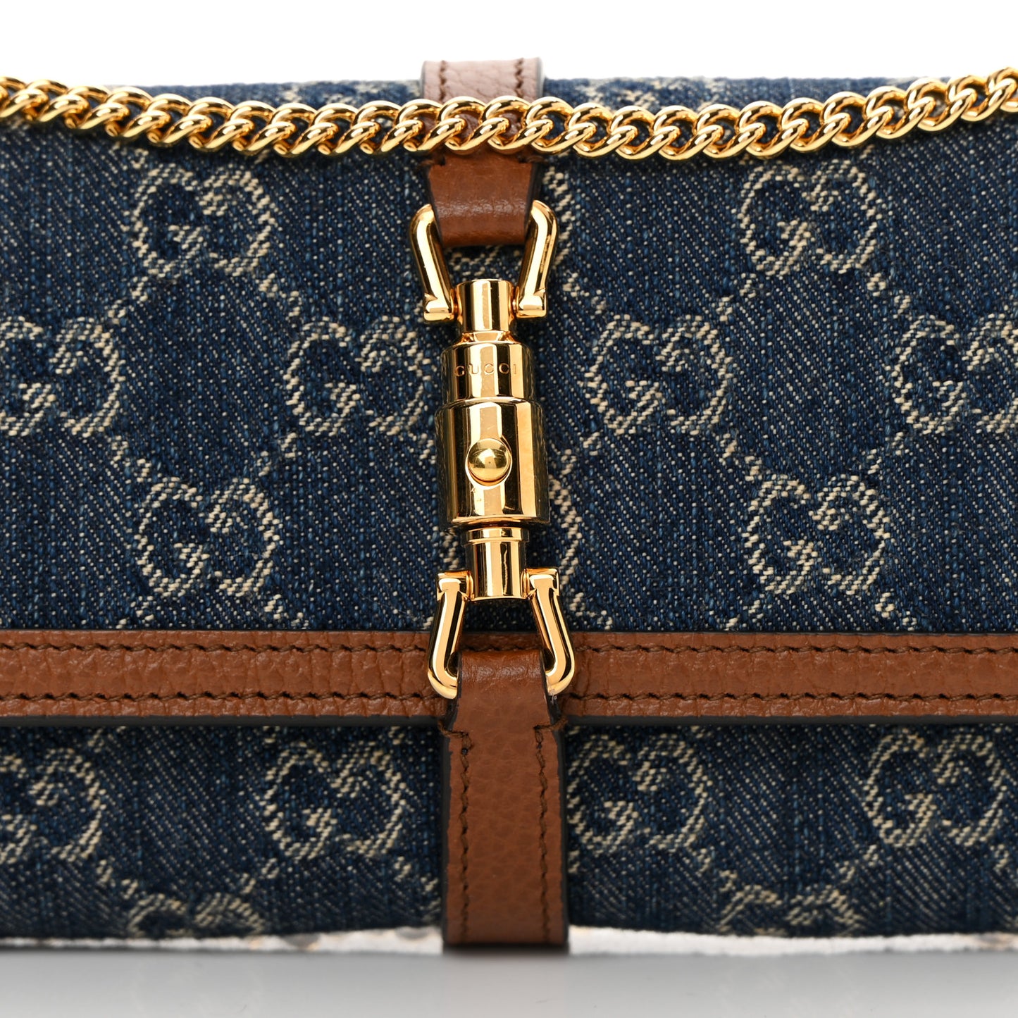 New Denim GG Monogram Jackie 1961 Chain Wallet Blue Tea Cuir