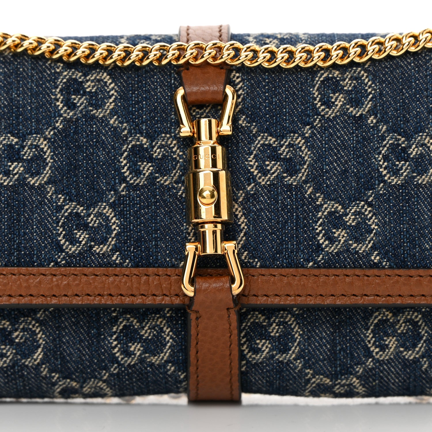 Gucci New Denim GG Monogram Jackie 1961 Chain Wallet Blue Tea Cuir 6 of 11