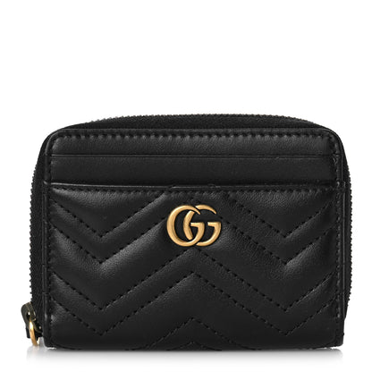Gucci Calfskin Matelasse GG Marmont Zip Around Card Case Black 1 of 8