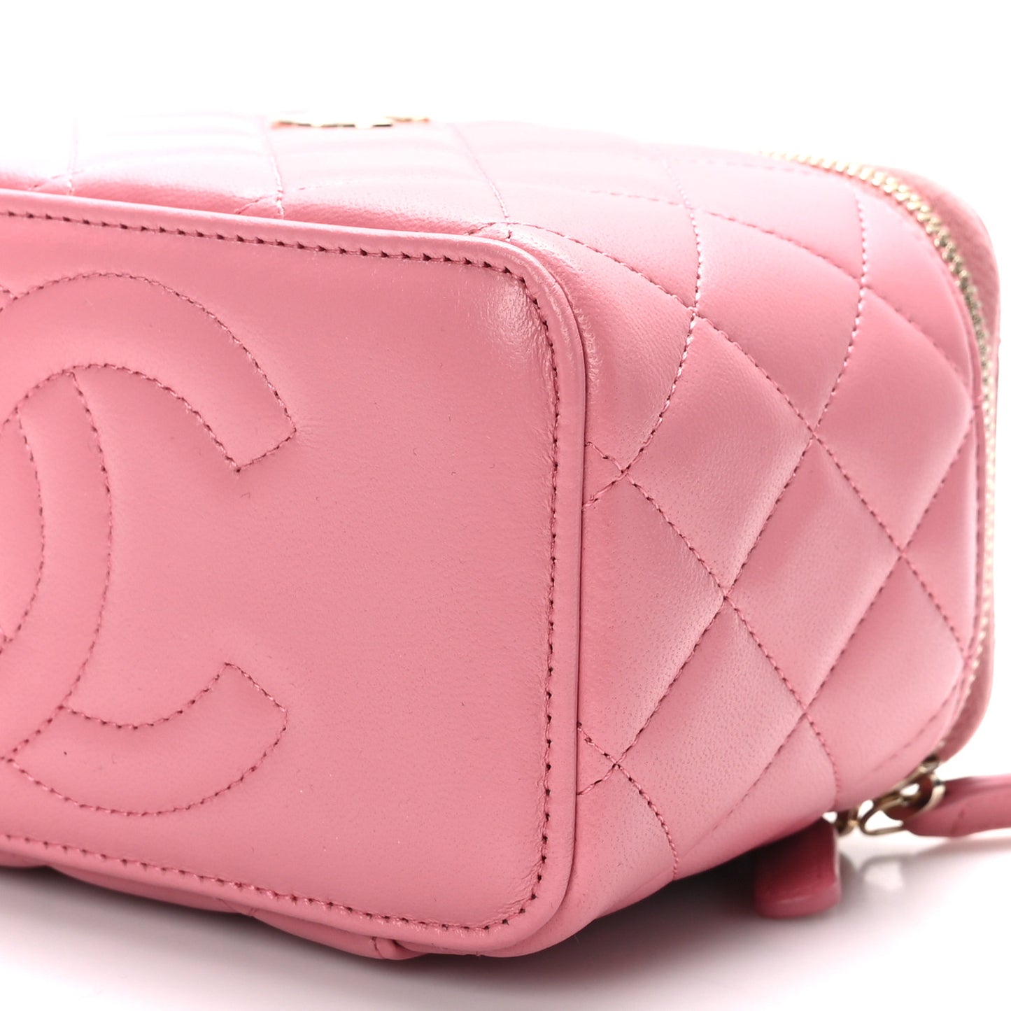 Lambskin Quilted Small Top Handle Vanity Case With Chain Pink