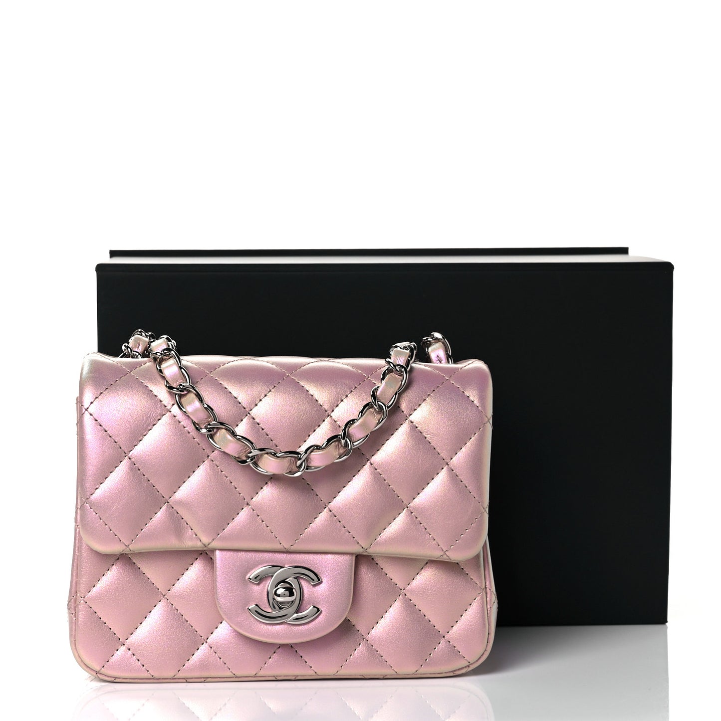Iridescent Calfskin Quilted Mini Square Flap Pink