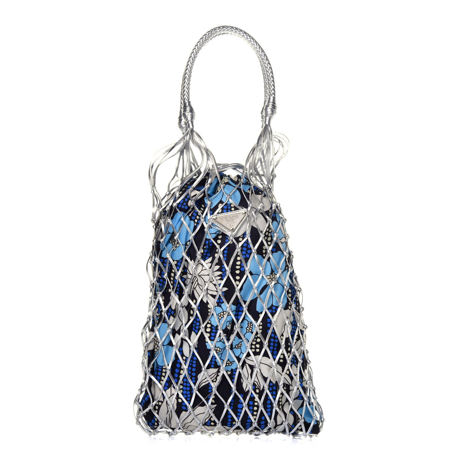 Prada Nylon Floral Print Net Tote Silver Blue 1 of 8