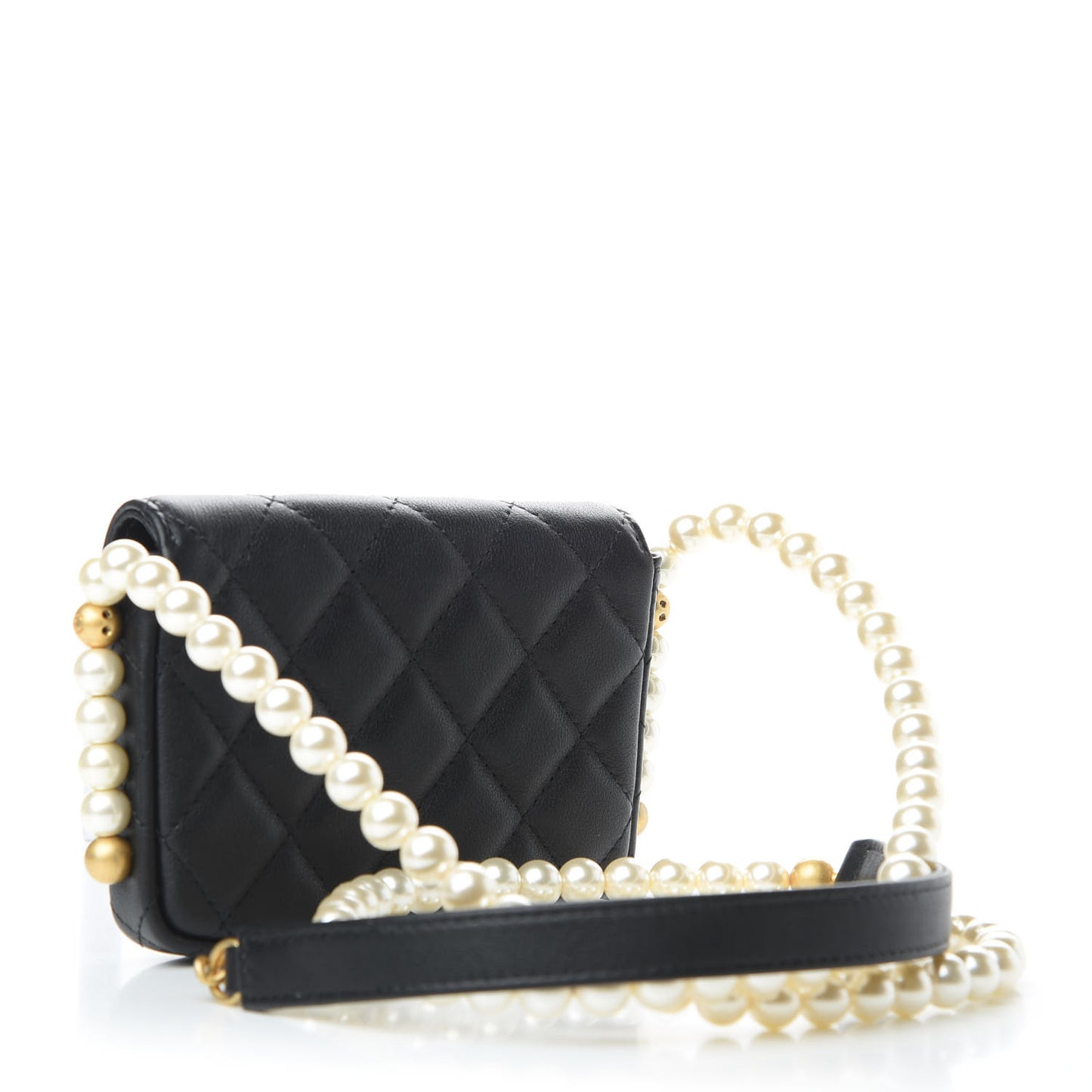 Calfskin Quilted About Pearls Card Holder Flap With Chain Black