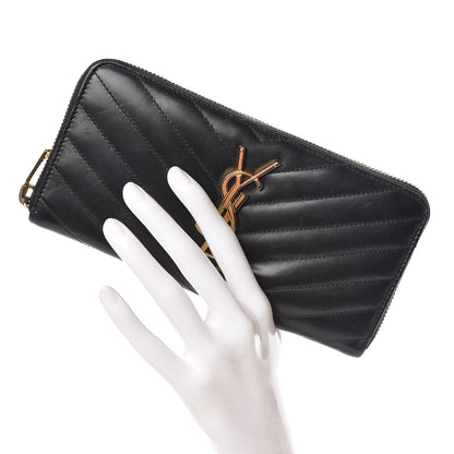 Saint Laurent Calfskin Matelasse Chevron Monogram Zip Around Wallet Dark Navy Blue 2 of 8