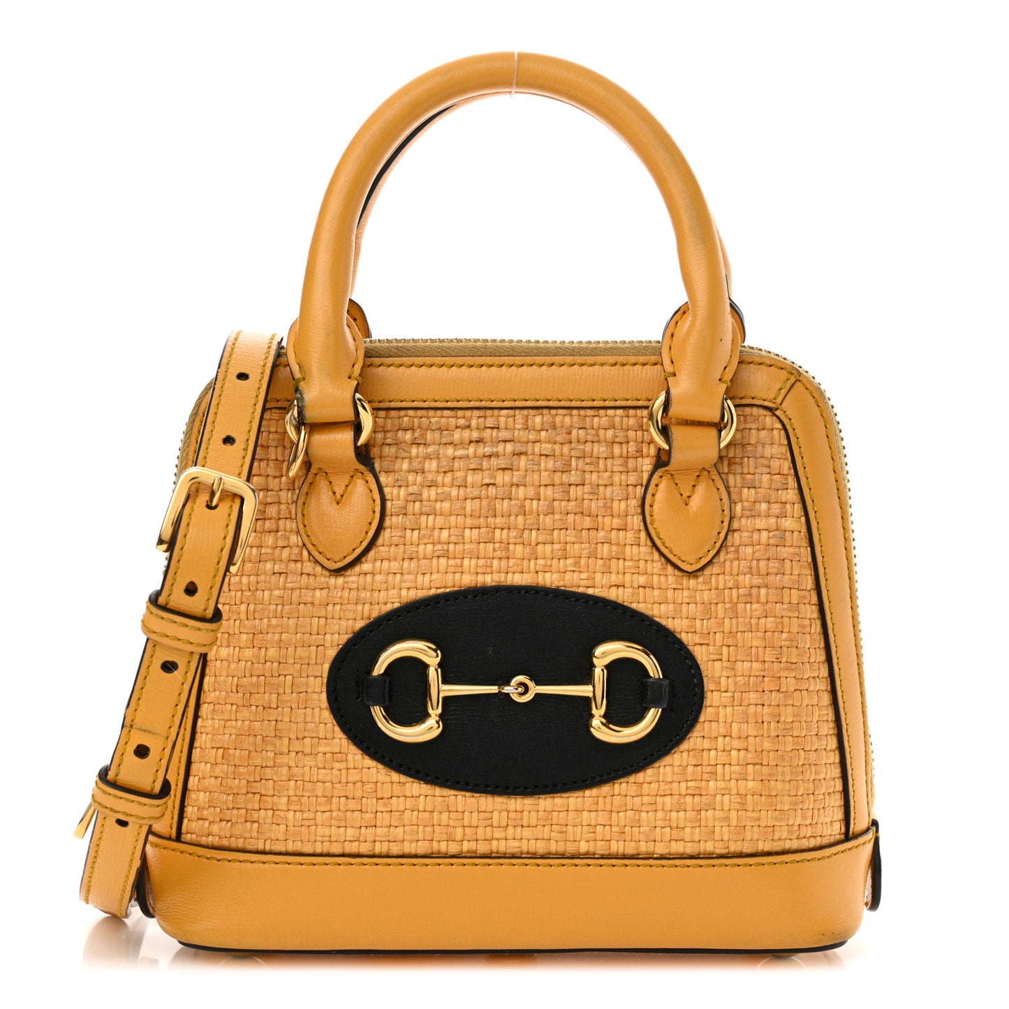 Straw Azalea Calfskin Woven Mini Horsebit 1955 Top Handle Bag Crop Black