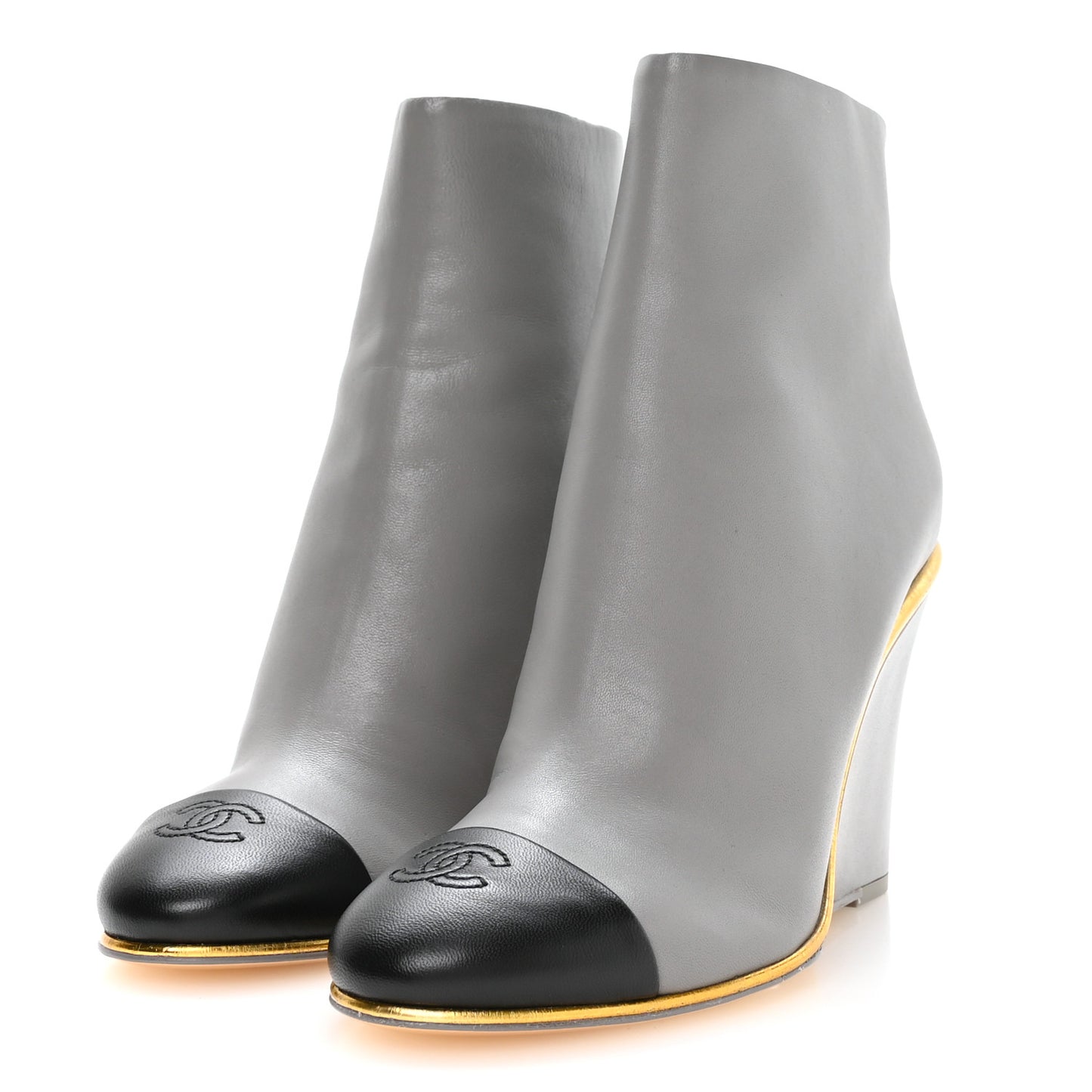 Lambskin Cap Toe Open Wedge Ankle Boots 37.5 Grey Black