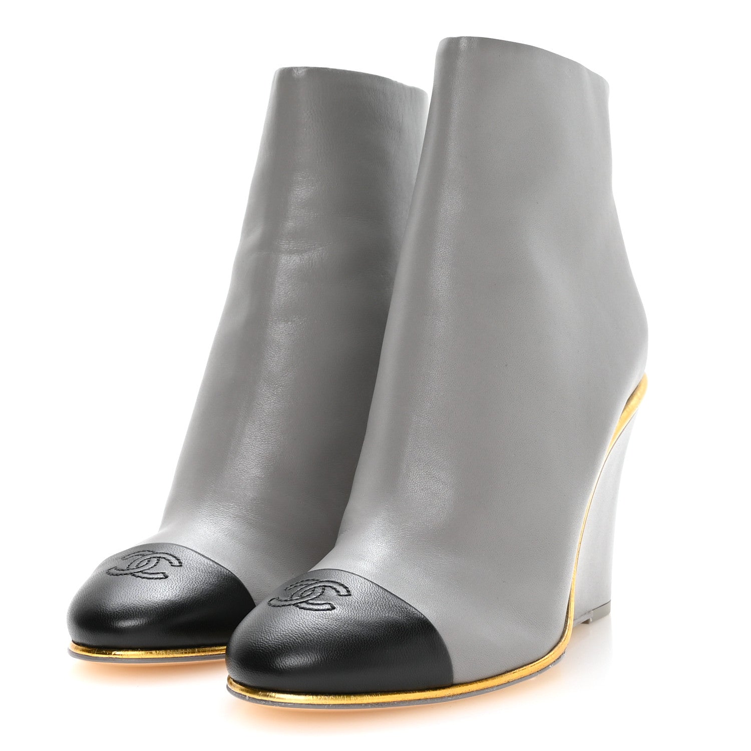 Chanel Lambskin Cap Toe Open Wedge Ankle Boots 37.5 Grey Black 4 of 9