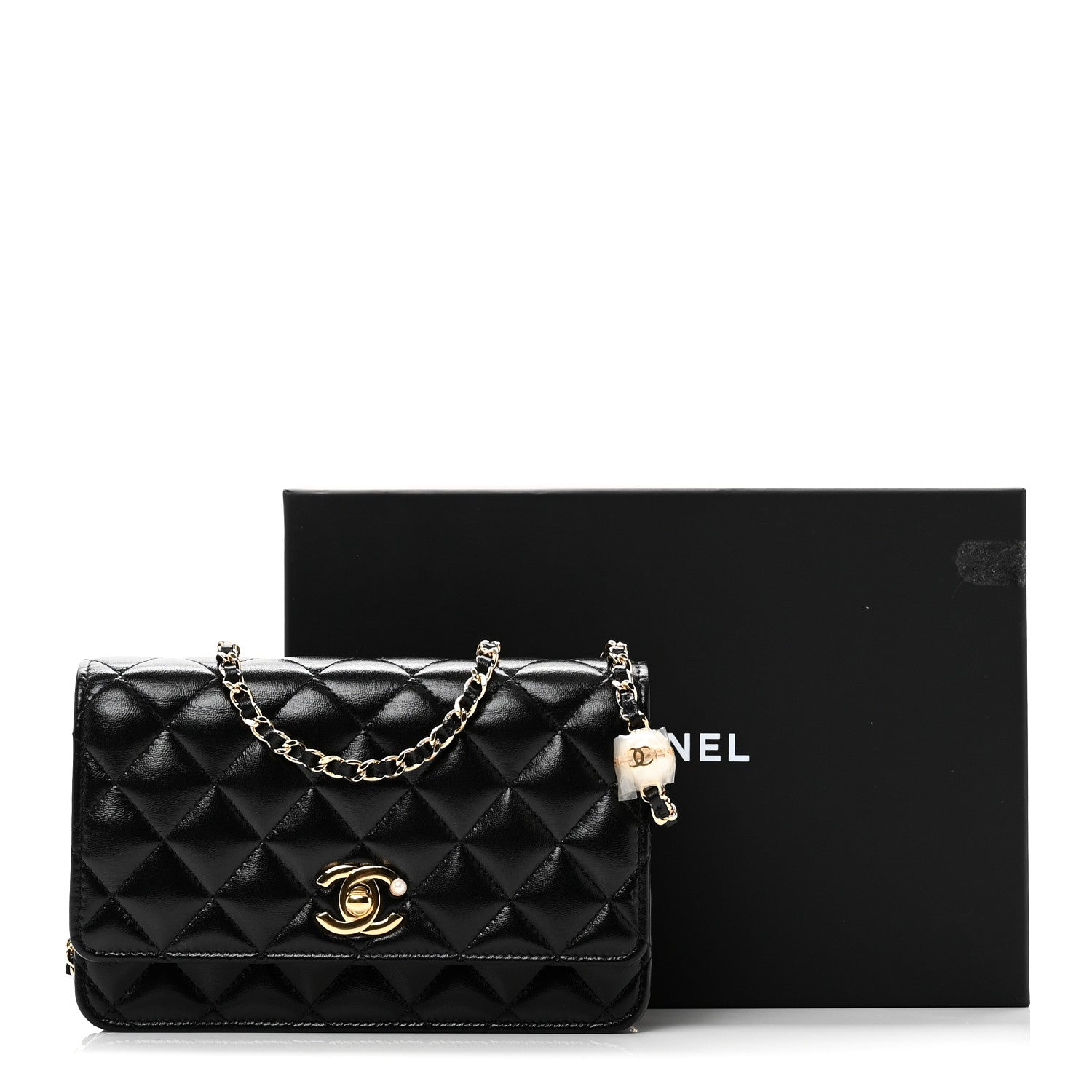 Chanel Shiny Lambskin Quilted CC Pearl Wallet on Chain WOC Black 12 of 12