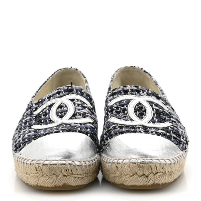 Chanel Metallic Tweed Lambskin CC Espadrilles 39 Blue Black Silver 3 of 11