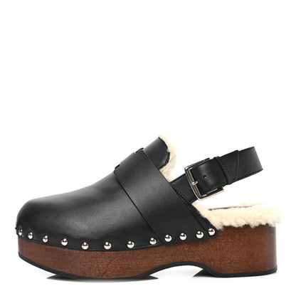 Hermes Calfskin Shearling Hermoine Mules 38 Black Ecru 1 of 7