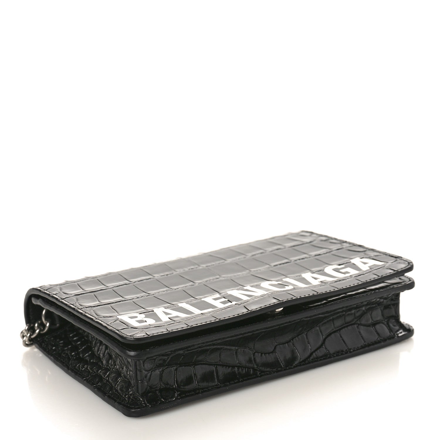 Balenciaga Shiny Calfskin Logo Crocodile Embossed Ville Wallet on Chain Black 4 of 13