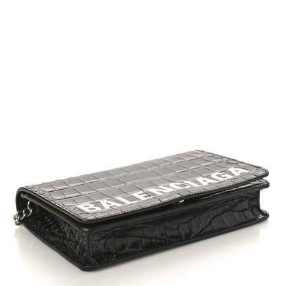 Balenciaga Shiny Calfskin Logo Crocodile Embossed Ville Wallet on Chain Black 4 of 13