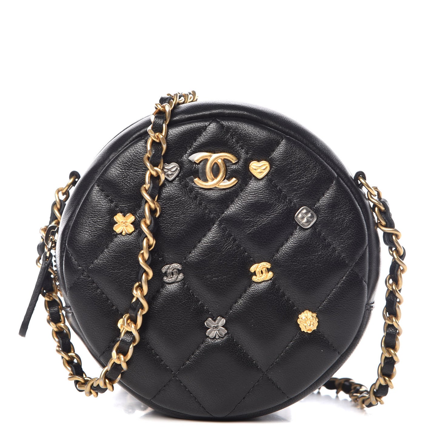 Lambskin Quilted Studded Round Clutch With Chain Black