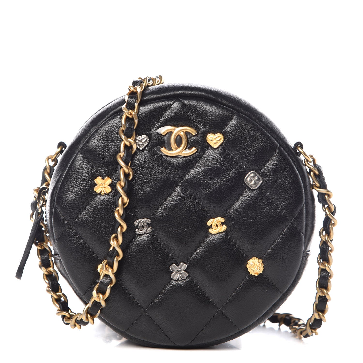 Chanel Lambskin Quilted Studded Round Clutch With Chain Black 1 of 8