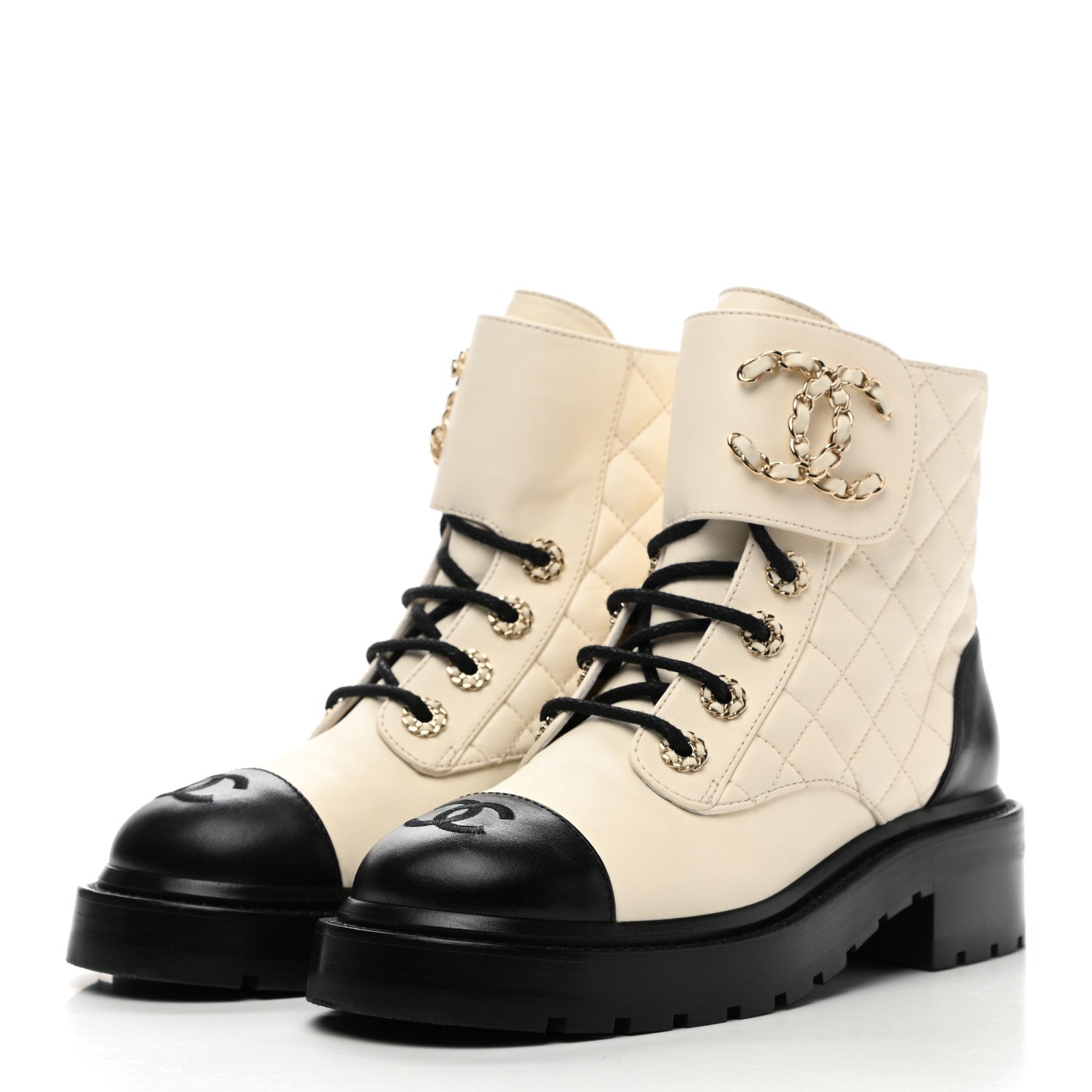 Chanel Shiny Goatskin Calfskin Quilted Lace Up Combat Boots 35.5 Ivory Black 3 of 10
