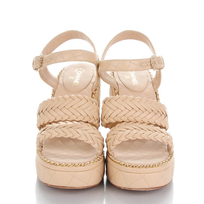 Chanel Calfskin Quilted Chain Around Wedge Sandals 37.5 Light Beige 2 of 8