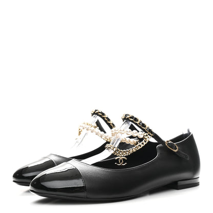 Chanel Shiny Lambskin Pearl Cap Toe Ankle Chain Ballerina Flats 37 Black 4 of 10