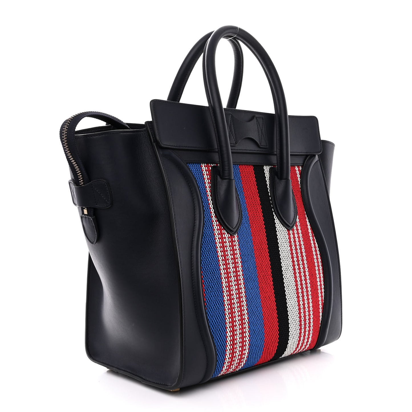 Smooth Calfskin Striped Cotton Canvas Mini Luggage Navy Blue