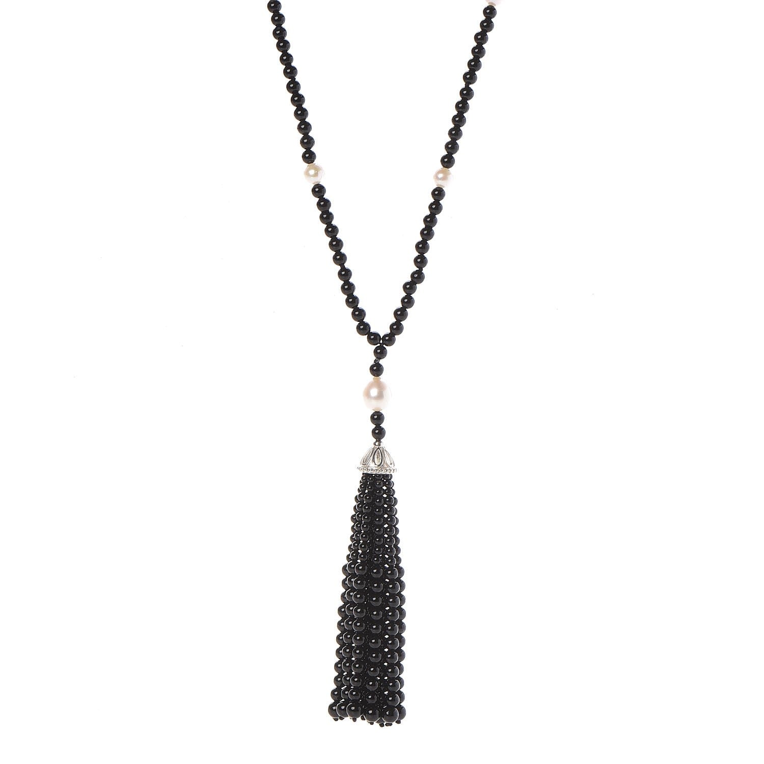 Tiffany Sterling Silver Black Onyx Freshwater Pearl Ziegfeld Tassel Necklace 1 of 4