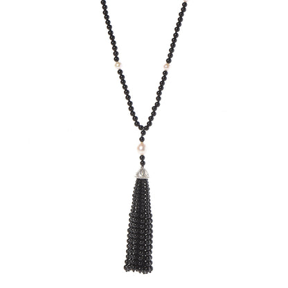 Tiffany Sterling Silver Black Onyx Freshwater Pearl Ziegfeld Tassel Necklace 1 of 4