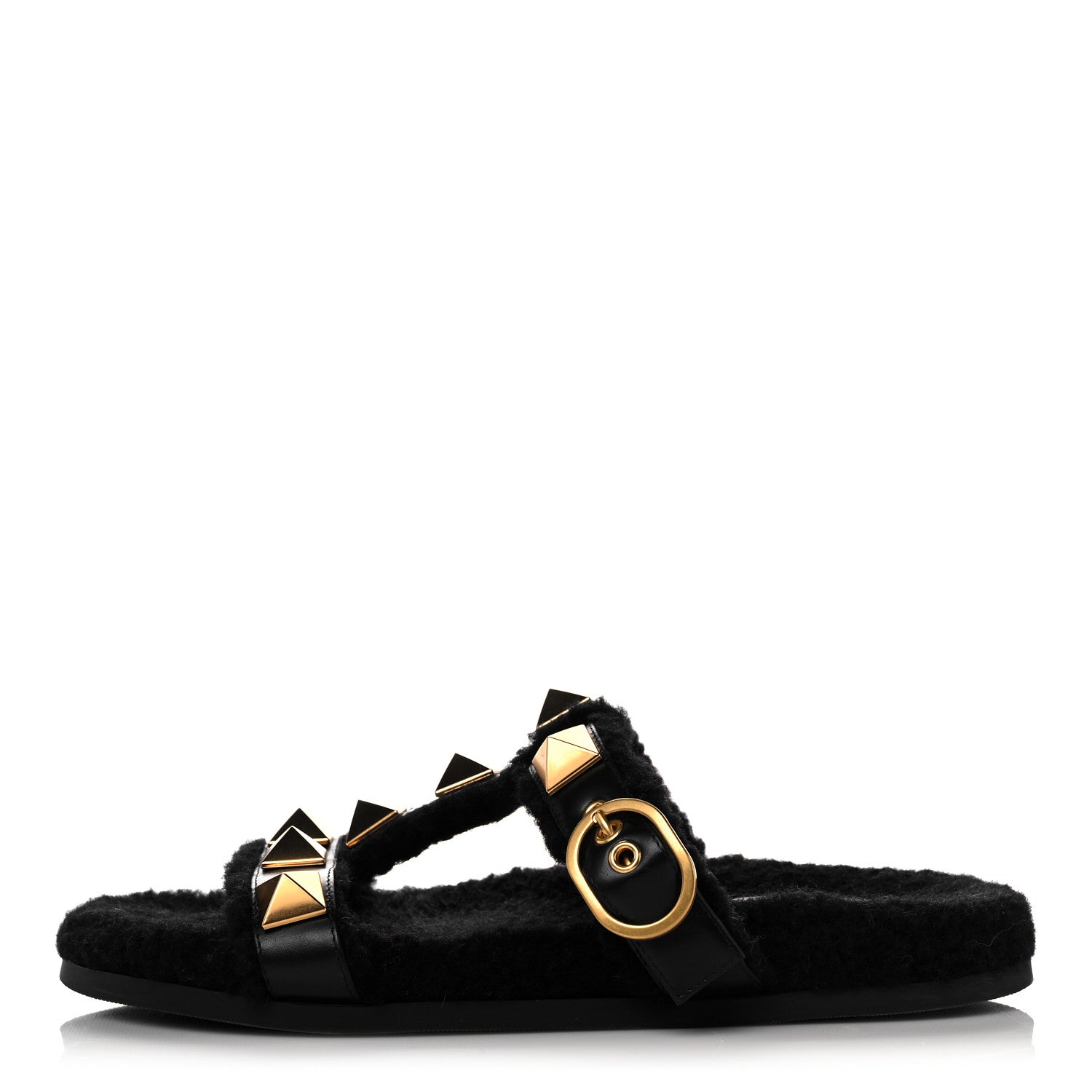 Valentino Garavani Shearling Roman Stud Slide Sandals 39 Black 1 of 7