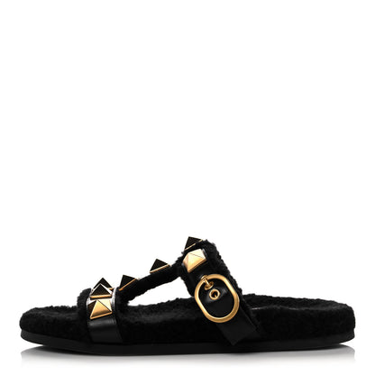 Valentino Garavani Shearling Roman Stud Slide Sandals 39 Black 1 of 7