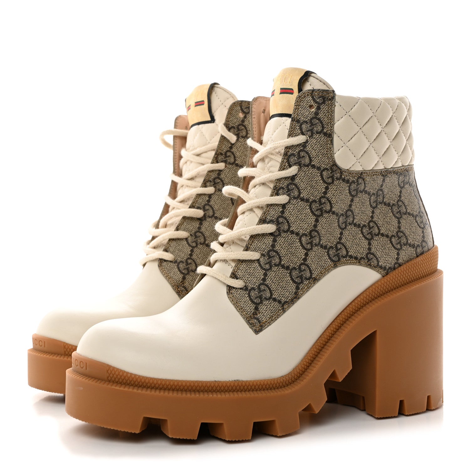 Gucci Calfskin GG Supreme Monogram Nappa Quilted Lace Up Ankle Boots 39 Mystic White Beige 3 of 12