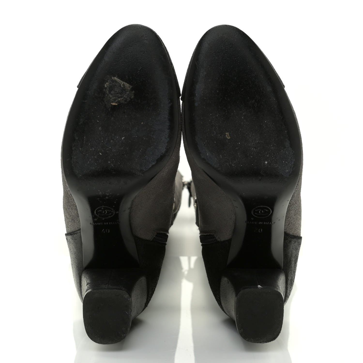 Chanel Suede Calfskin CC Cap Toe Knee High Boots 40 Black Grey 6 of 13