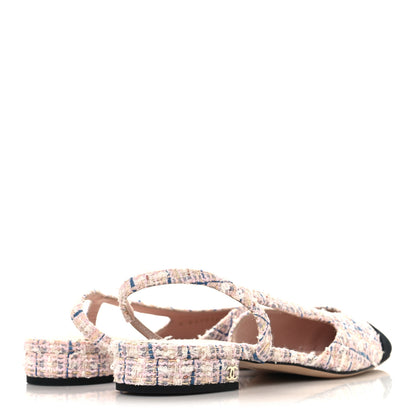 Chanel Tweed Grosgrain Cap Toe CC Slingback Flat 37.5 Pink Multicolor 5 of 10