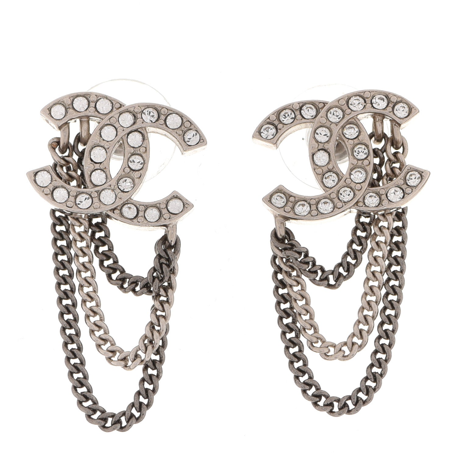 Chanel Crystal Chain CC Earrings Silver 1 of 5