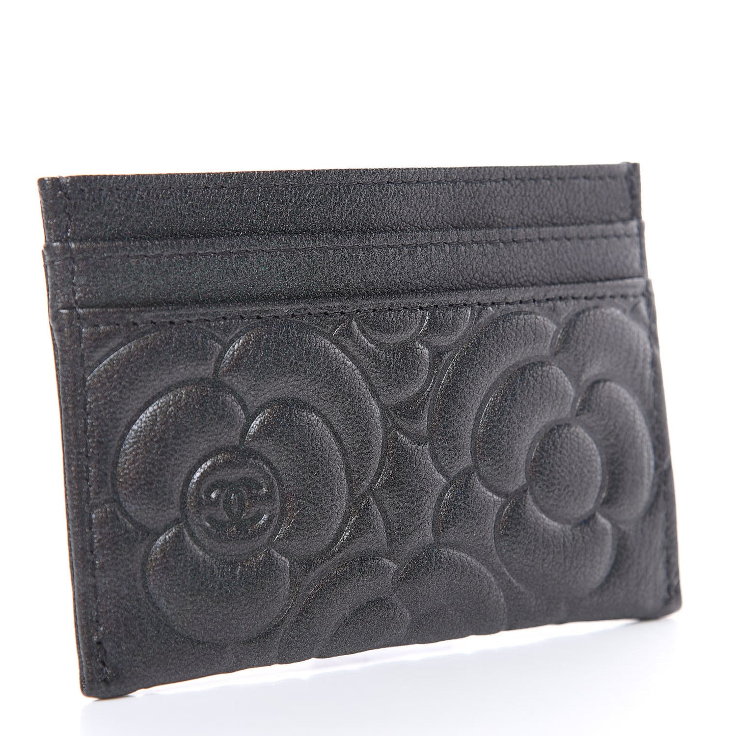Goatskin Camellia Embossed Card Holder Grey