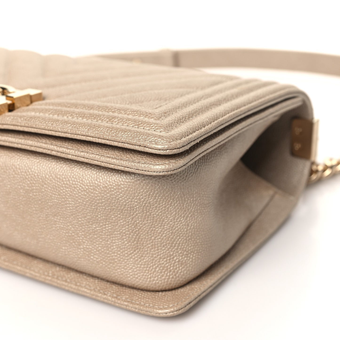 Iridescent Caviar Chevron Quilted Medium Boy Flap Beige