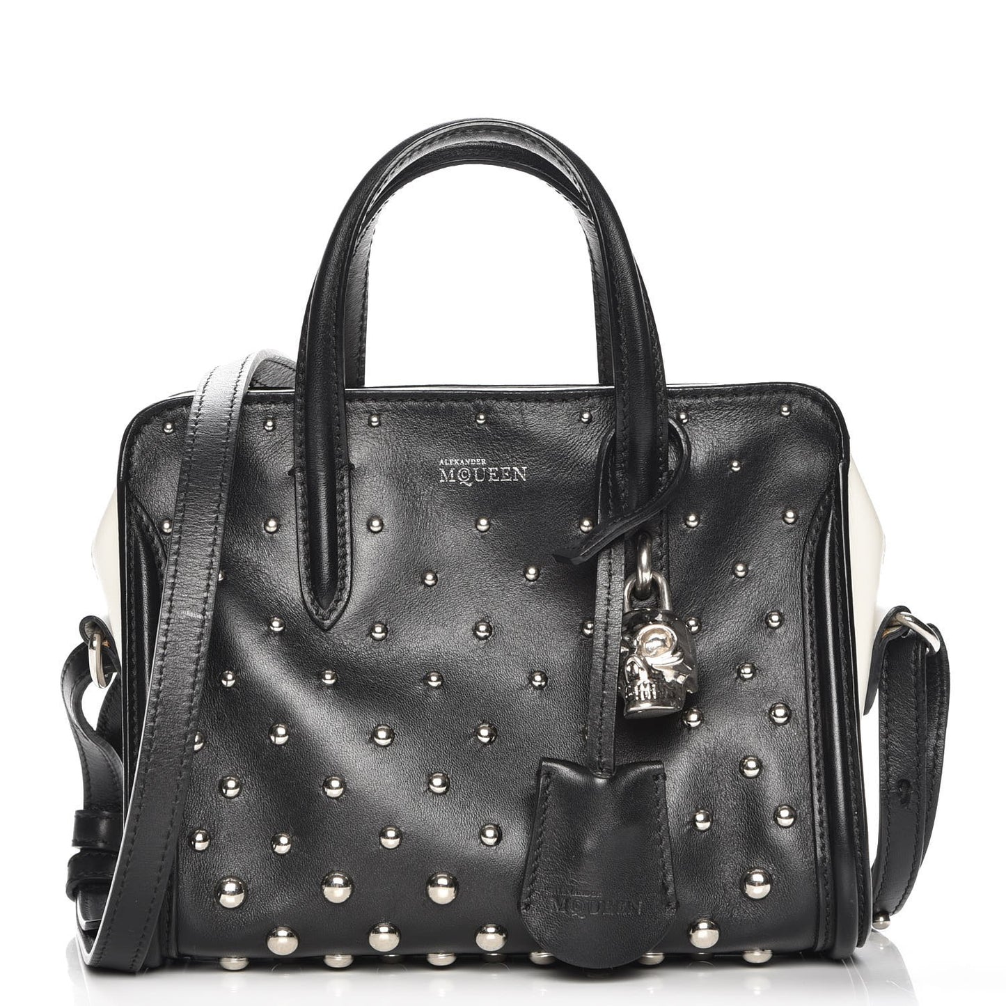 Calfskin Studded Small Padlock Tote Black White