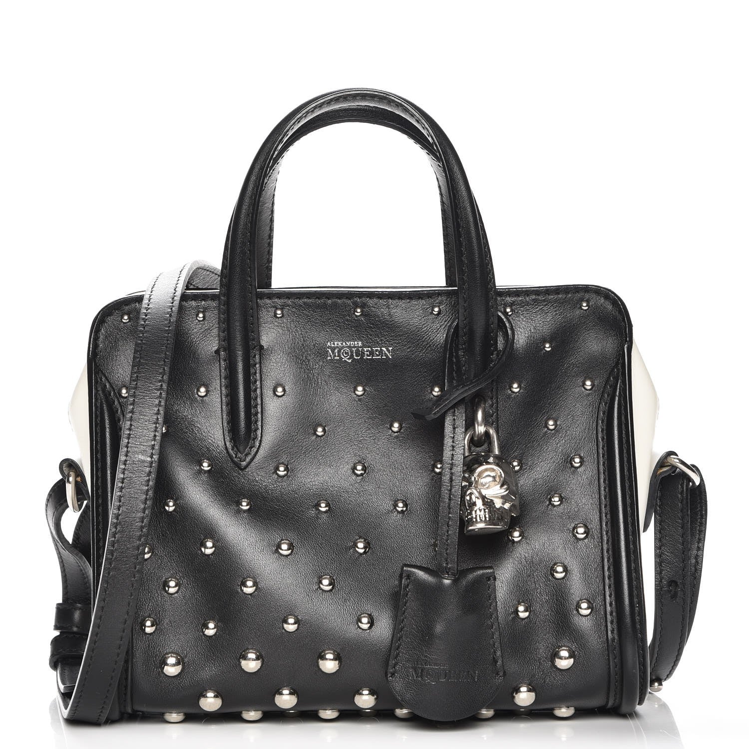 Alexander McQueen Calfskin Studded Small Padlock Tote Black White 1 of 9