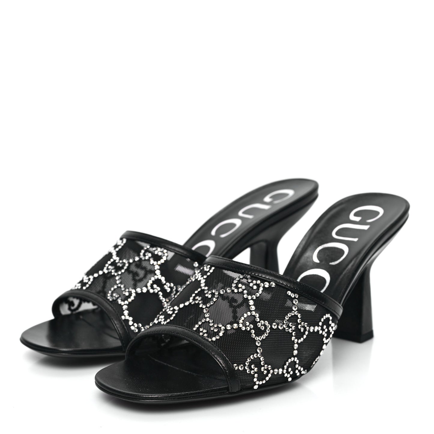 Tela Retino Nappa Crystal GG Monogram Square G 95mm Slide Sandals 38 Black