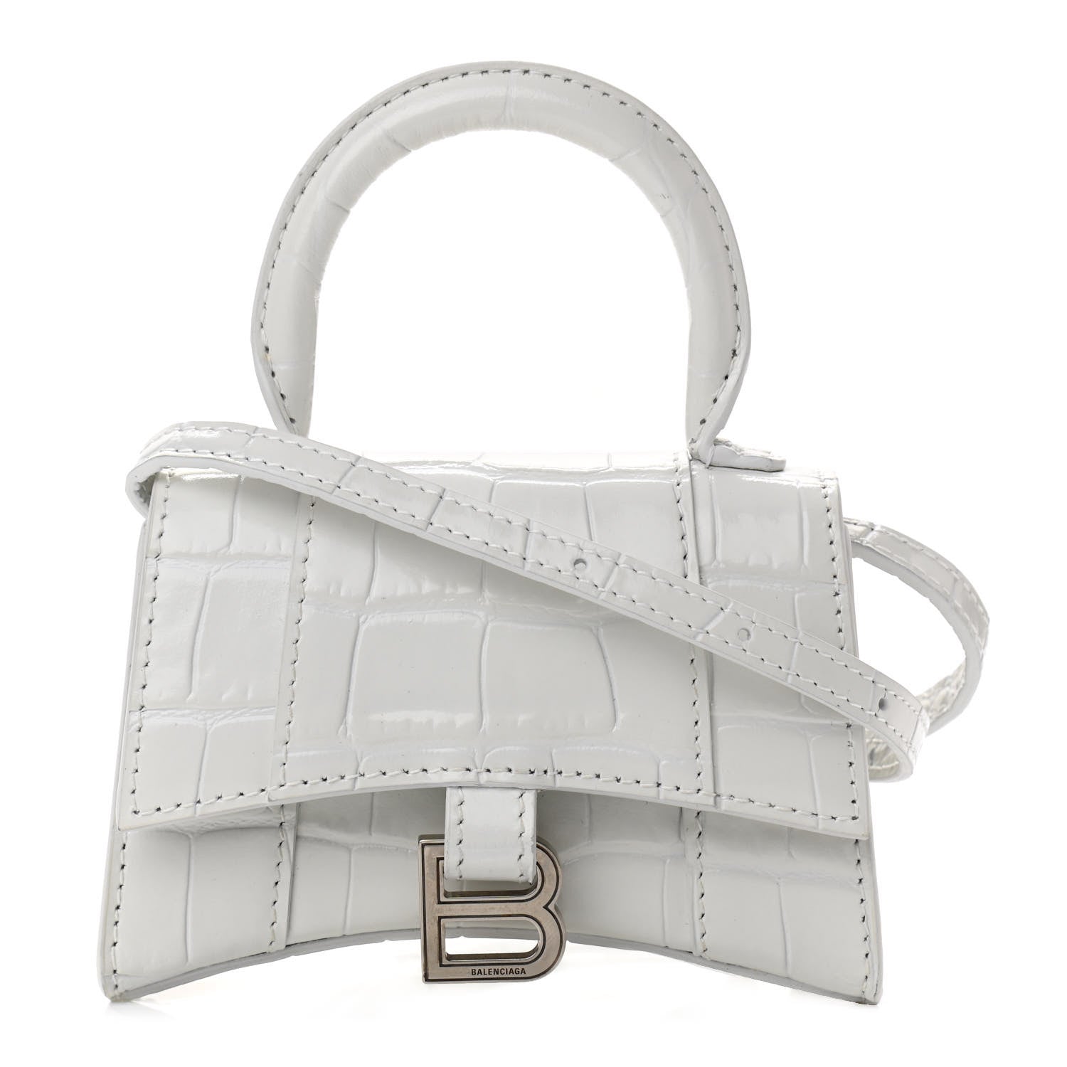 Balenciaga Shiny Calfskin Crocodile Embossed Hourglass Top Handle Bag Mini White 1 of 11