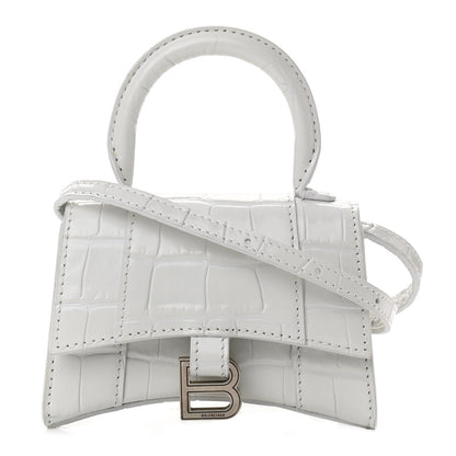 Balenciaga Shiny Calfskin Crocodile Embossed Hourglass Top Handle Bag Mini White 1 of 11